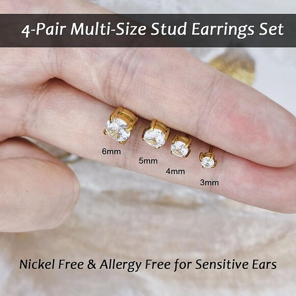14K Gold Plated Hypoallergenic CZ Stud Earrings Set with 4 Sizes and Butterfly B - Picture 5 of 7